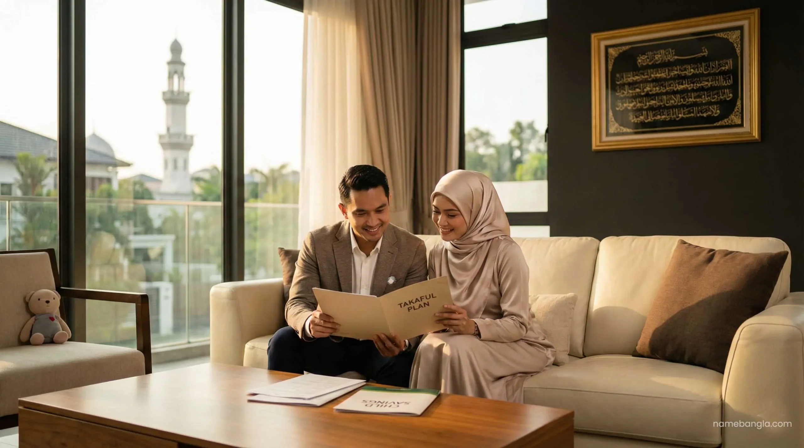 তাকাফুল ও হালাল ইন্স্যুরেন্স নিয়ে আলোচনা করছে এক মুসলিম দম্পতি।