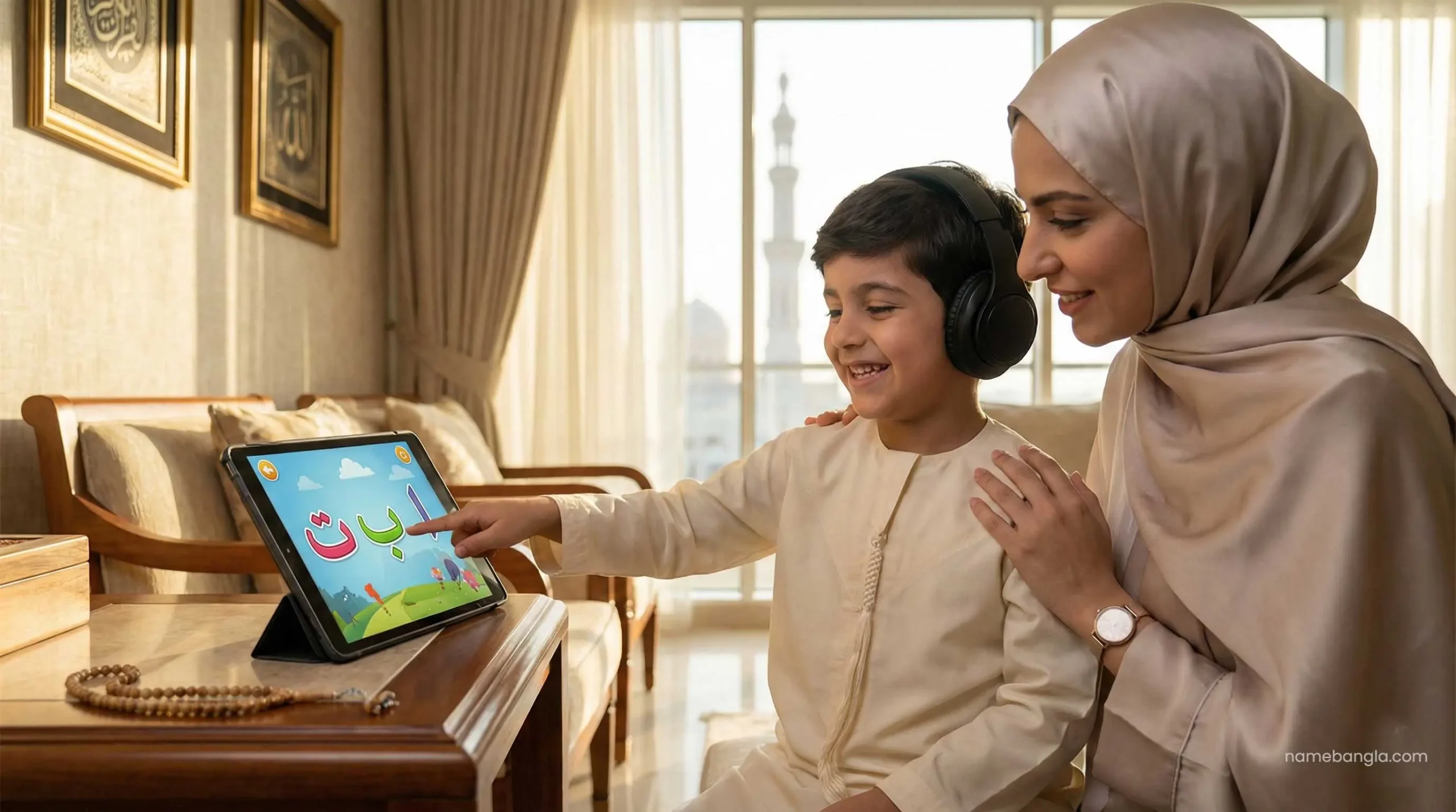 একটি শিশু অনলাইনে আরবি ভাষা শিক্ষা করছে।